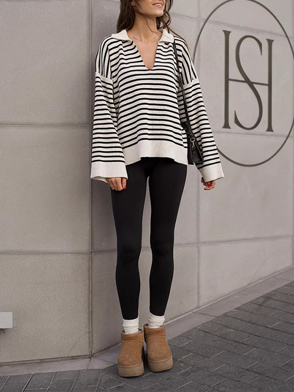 Split-Joint Striped Long Sleeves Loose Lapel Sweater Tops