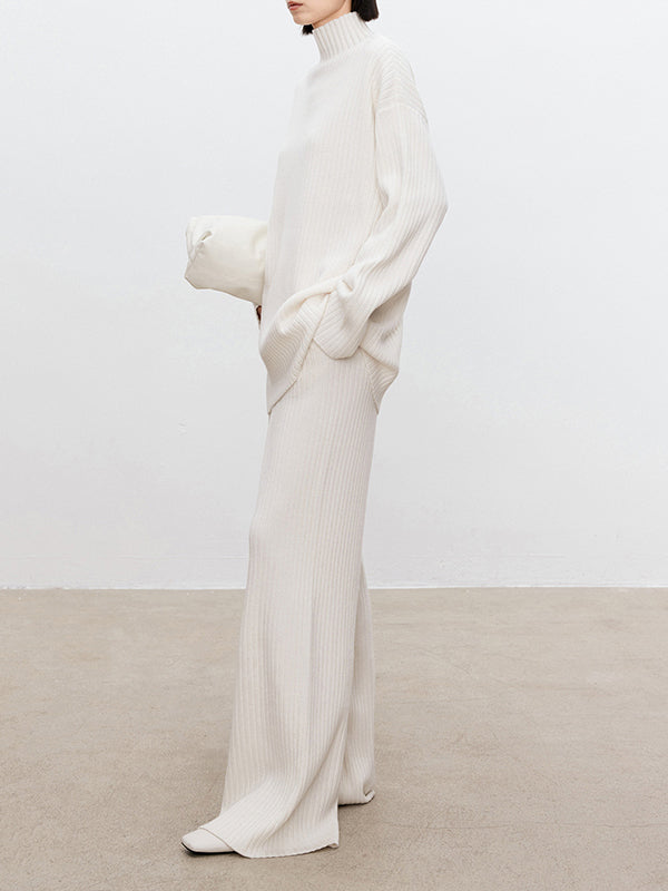 Solid Color Long Sleeves High-Neck Sweater Top + Wide Leg Pants Bottom Two Pieces Set