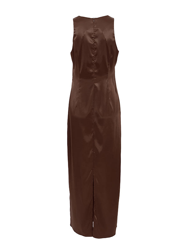 Solid Color Split-back Split-Joint Loose Sleeveless Round-neck Maxi Dresses