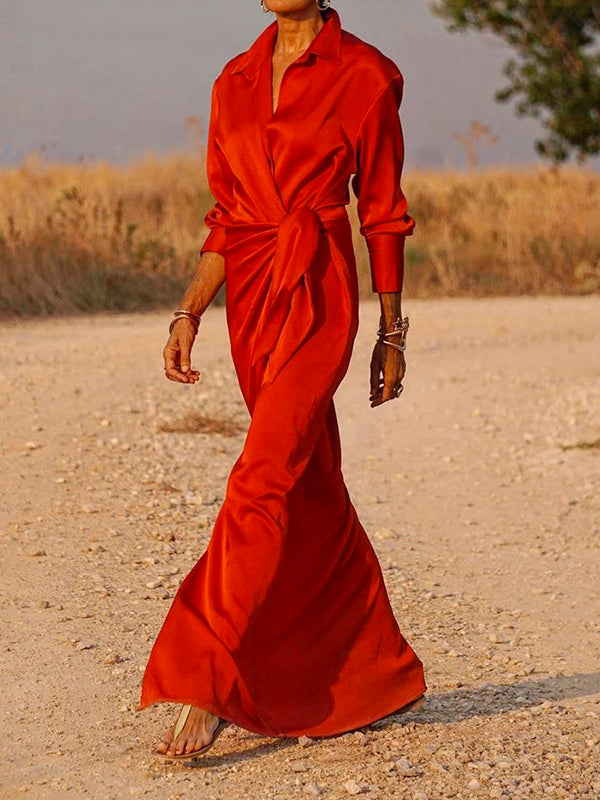 Solid Color Long Sleeves Loose Lapel Collar Maxi Shirt Dresses