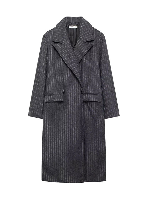 Split-Joint Striped Long Sleeves Loose Lapel Woolen Coat Trench Coats