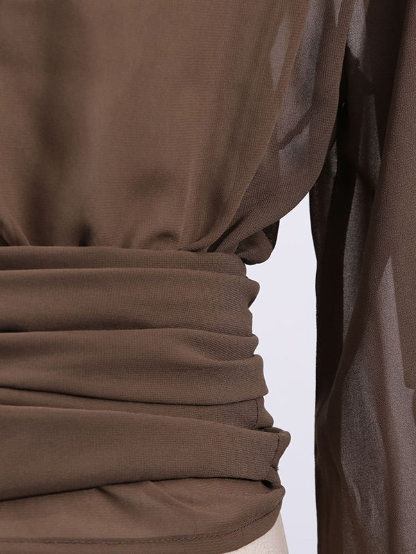 Pleated See-Through Solid Color Tied Waist Long Sleeves Loose Hooded Blouses&Shirts Tops