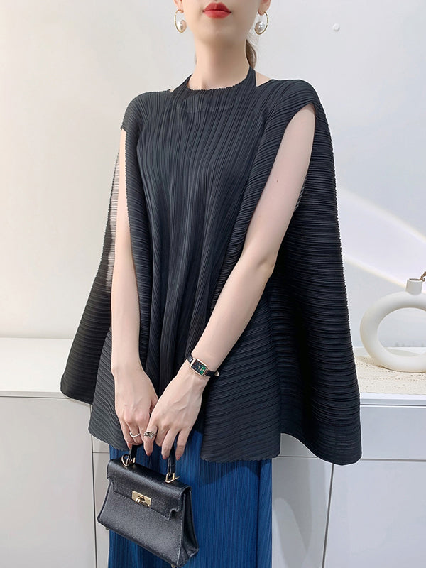 Pleated Solid Color Loose Sleeveless Halter-Neck T-Shirts Tops