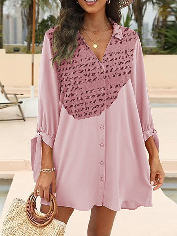 Buttoned Letter Print Pleated Loose Three-Quarter Sleeves Lapel Shirt Dress Mini Dresses