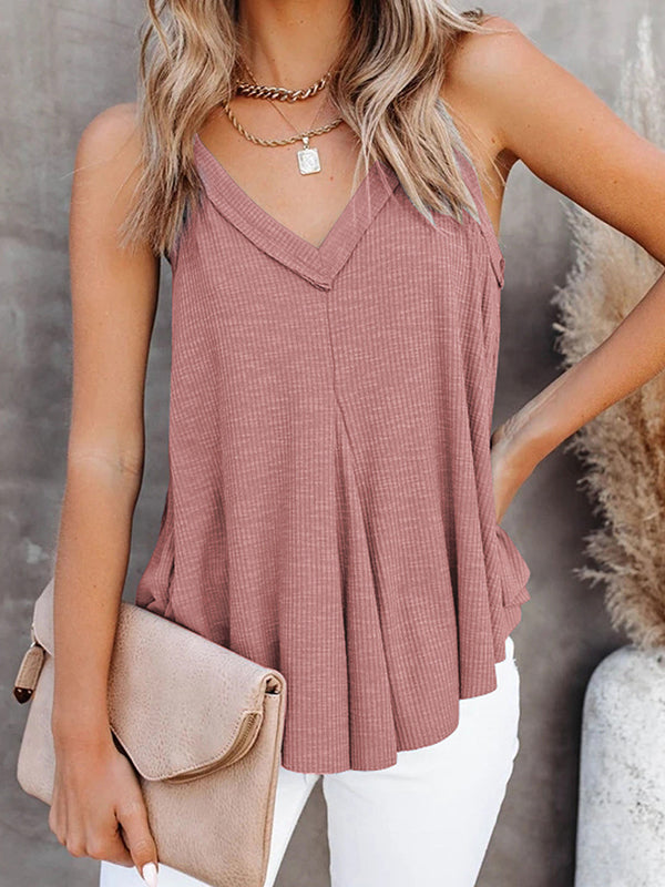Pleated Solid Color Loose Sleeveless V-Neck Vest Top