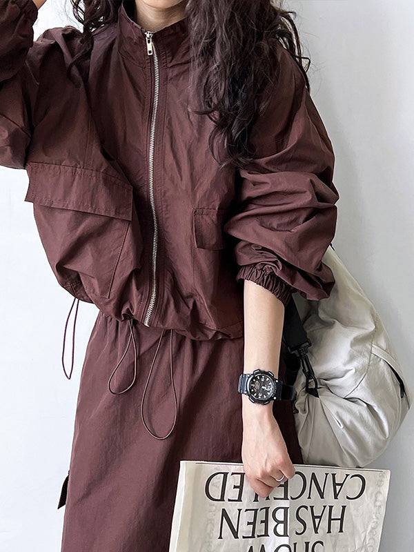 Solid Color Zipper Long Sleeves Loose Drawstring Elasticity Pockets Stand Collar Jacket Top + Split-Back Skirts Bottom Two Pieces Set