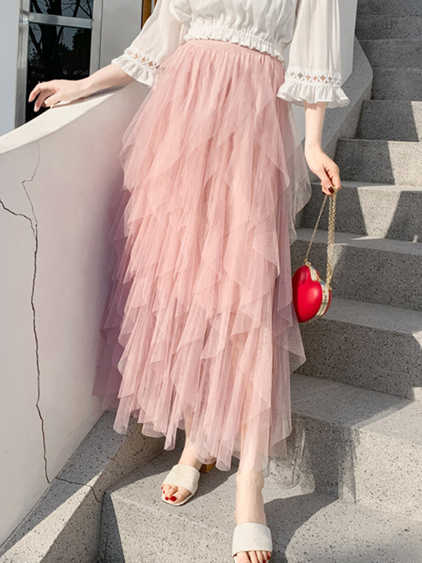 Original Stylish Irregular Mesh Solid Color Skirt