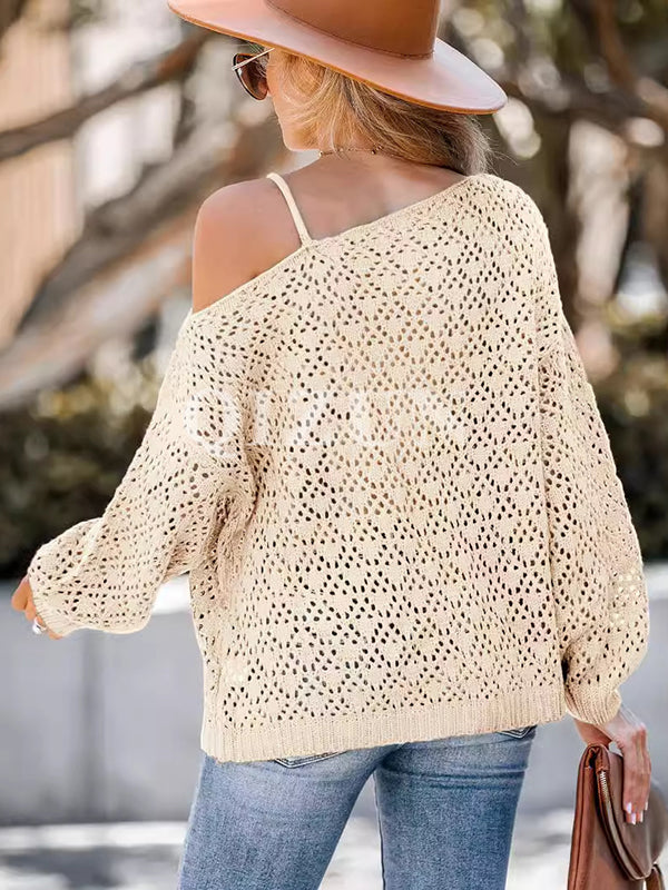 Hollow Solid Color Long Sleeves Loose Asymmetric Collar Sweater Tops Pullovers