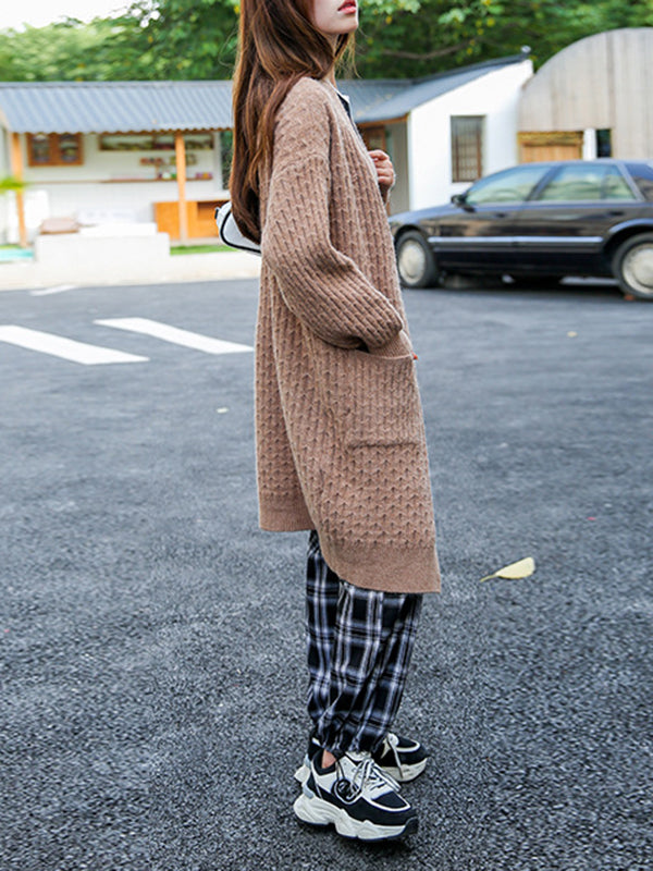 Pockets Solid Color Long Sleeves Loose Collarless Cardigan Tops