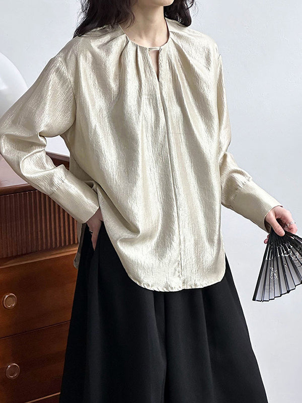 Hollow Shiny Solid Color Long Sleeves Loose Round-Neck Blouses&Shirts Tops