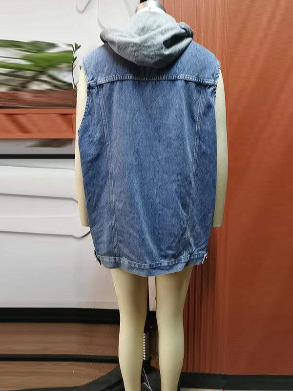 Buttoned Detachable Drawstring Hooded Pockets Split-Joint Loose Sleeveless Polo Vest Outerwear
