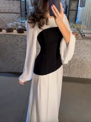 Flared Sleeves Contrast Color Round-Neck Maxi Dresses