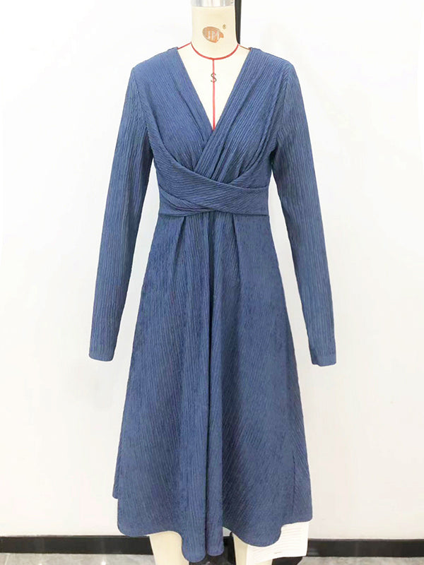Pleated Solid Color Split-Joint Long Sleeves Loose V-Neck Midi Dresses