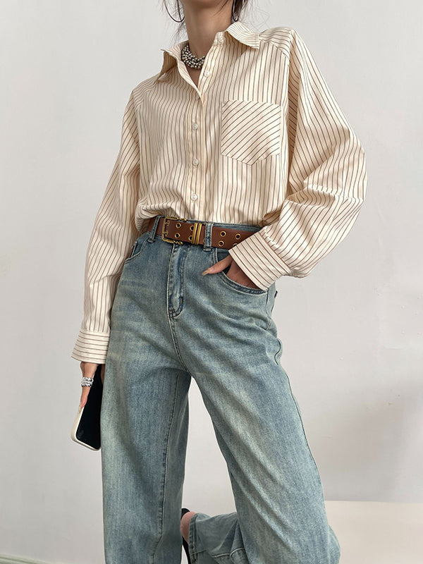 Split-Joint Striped Long Sleeves Loose Lapel Blouses