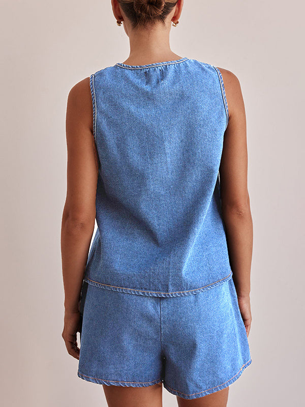 Lace-Up Split-Joint Loose Sleeveless Round-neck Vest Top