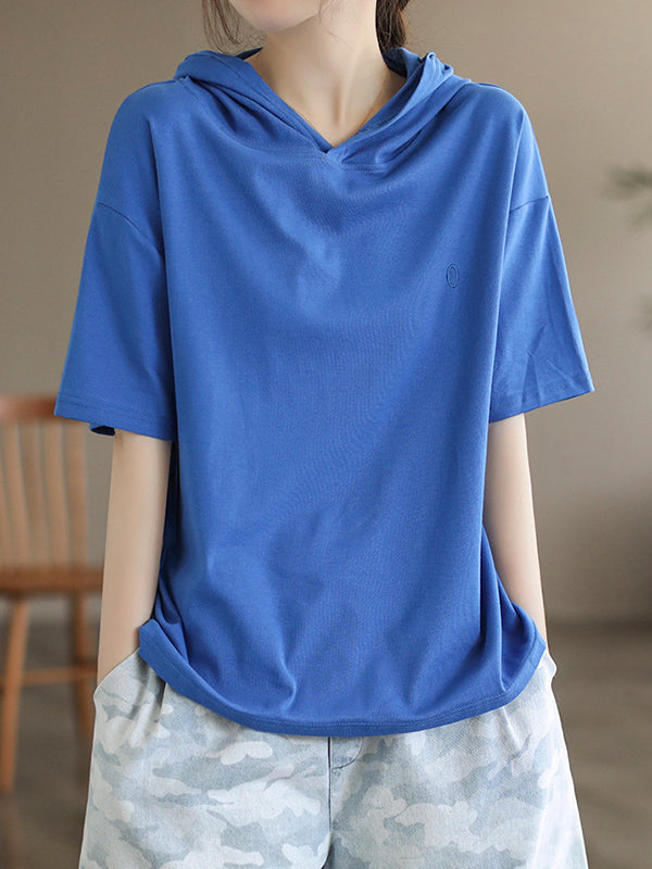 Hooded Solid Color Short Sleeves Hooded T-Shirts Tops