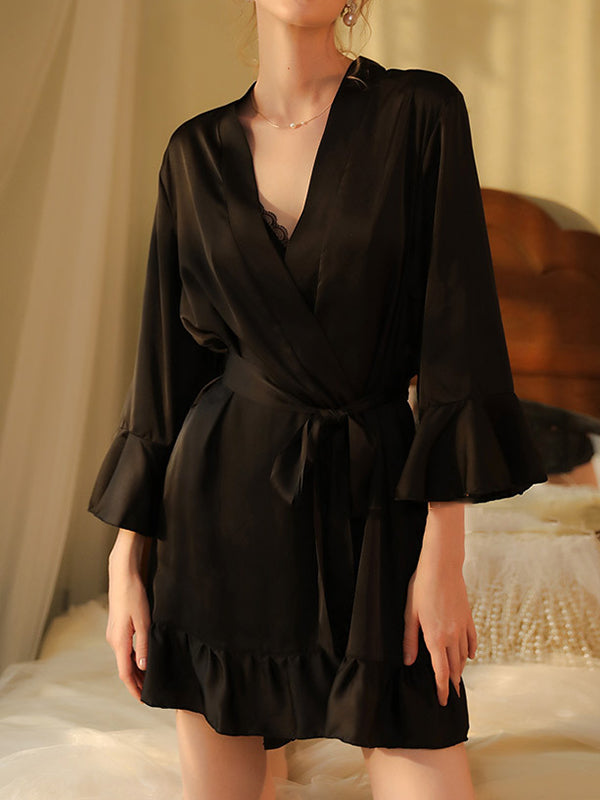 Falbala Ribbed Solid Color Loose V-neck Robes Intimates&Pajamas
