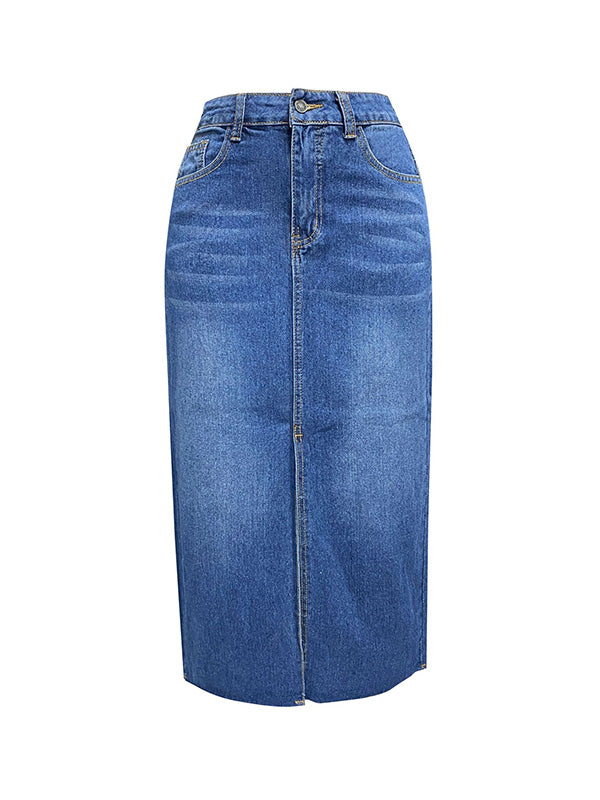 Fringed Pockets Split-Front A-Line High Waisted Skirts Bottoms