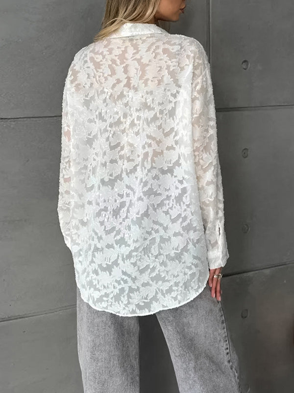 Jacquard See-Through Split-Joint Long Sleeves Loose Lapel Blouses&Shirts Tops