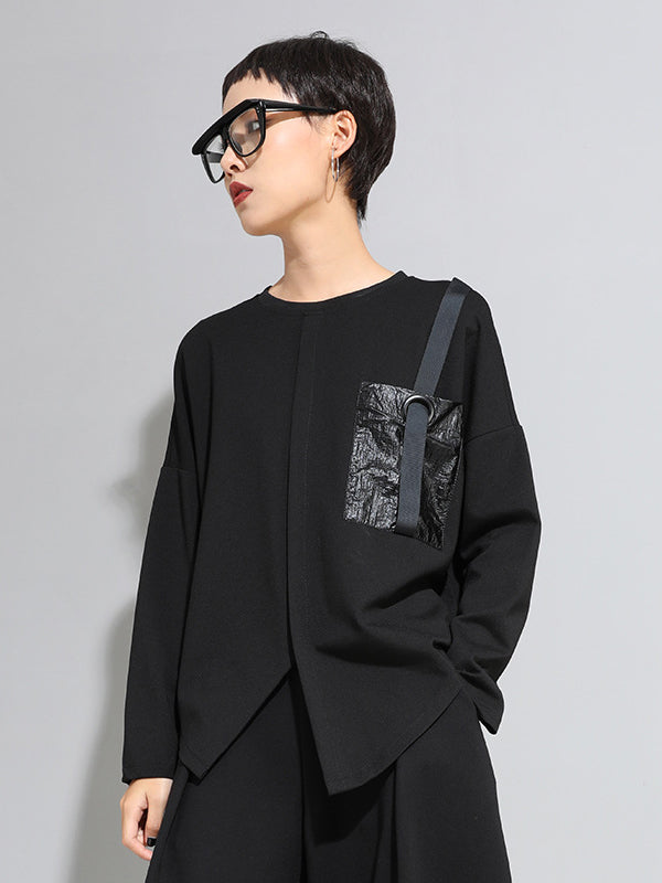 Loose Long Sleeves Split-Front Round-Neck T-Shirts Tops