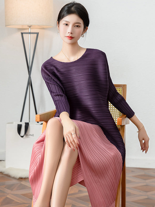 Original Contrast Color Split-Joint Round-Neck Pleated Midi Dress