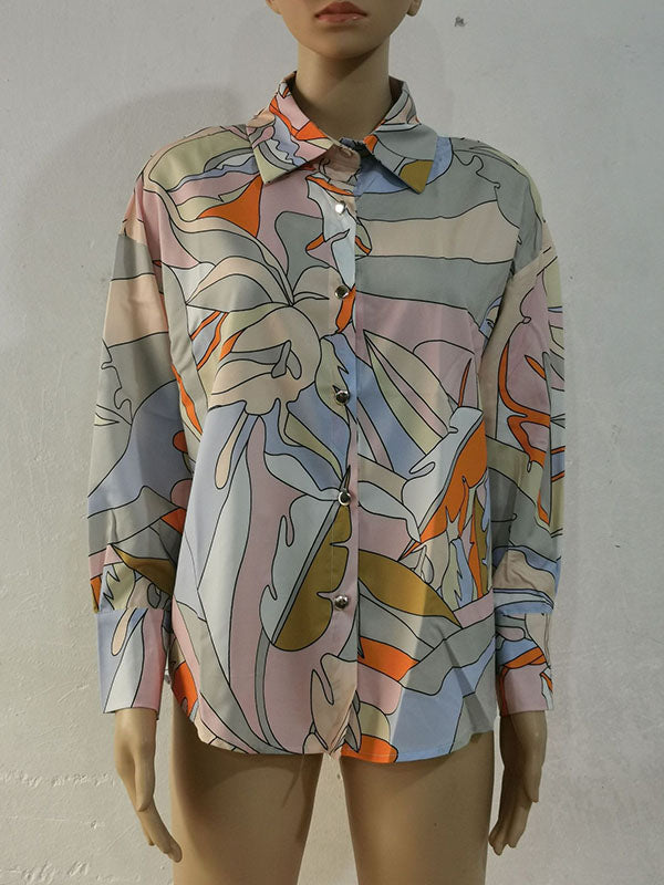 Contrast Color Printed Long Sleeves Loose Lapel Blouses