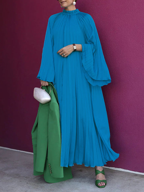 Pleated Ruffled Solid Color Split-Joint Flared Sleeves Loose High Neck Maxi Dresses