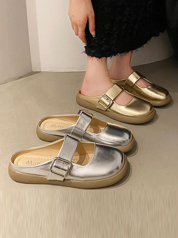 Belt Buckle Round-Toe Shallow Cut Split-Joint Slippers&Mules Platform Shoes