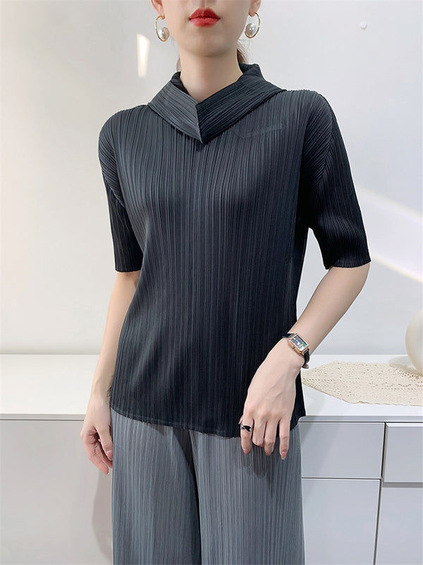 Pleated Solid Color Half Sleeves Hooded Mock Neck T-Shirts Tops