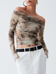 Pleated Split-Joint Tie Dye Long Sleeves Skinny Off-the-shoulder T-Shirts Tops