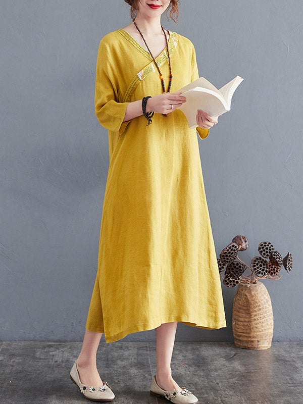 Cotton Blend V-Neck Embroidered Midi Dress