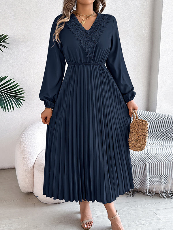 Pleated Solid Color Elasticated Waist High Waisted V-neck Midi Dresses