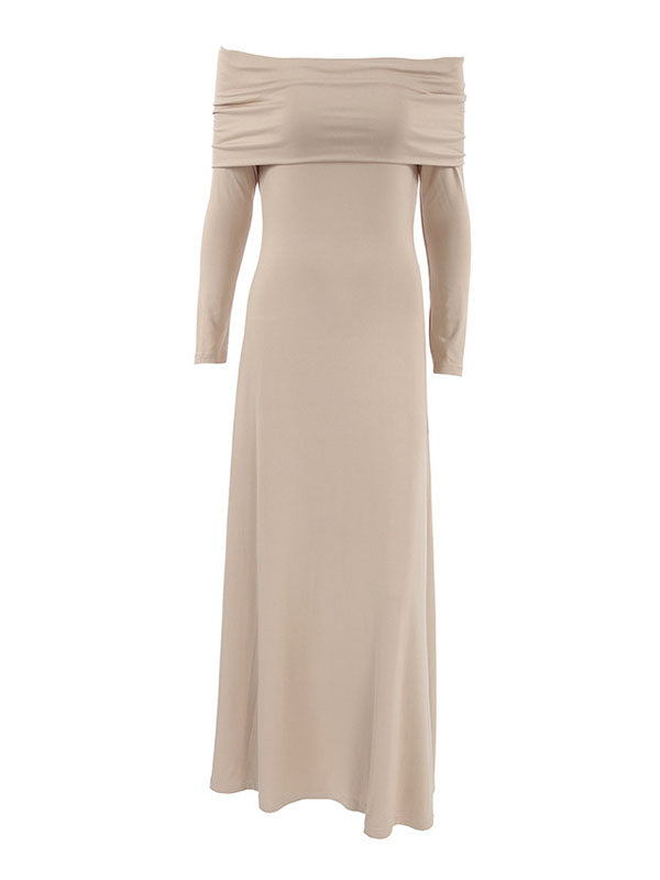 Solid Color High Waisted Long Sleeves Off-The-Shoulder Maxi Dresses