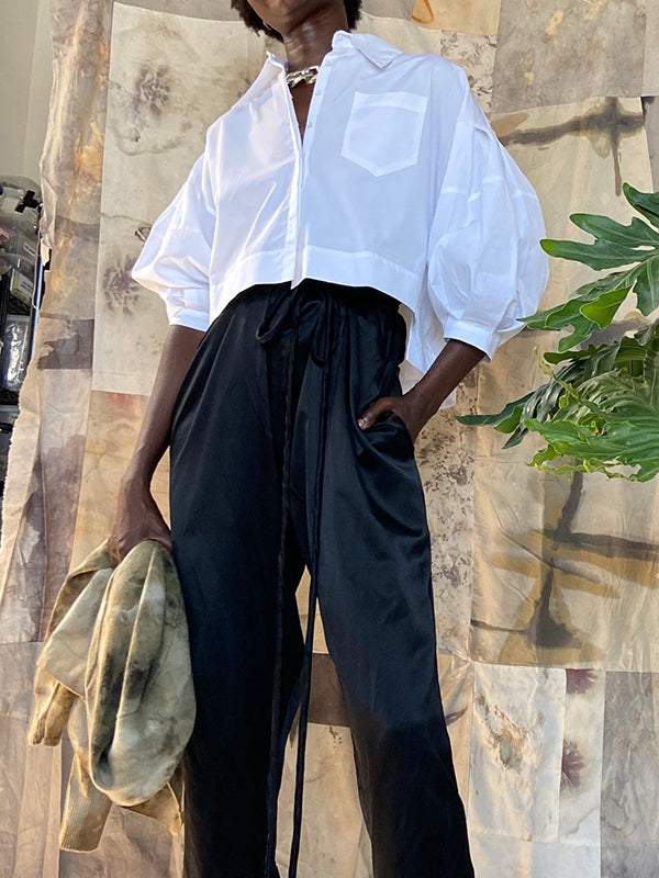 Loose Puff Sleeves Solid Color Split-Joint Lapel Blouses
