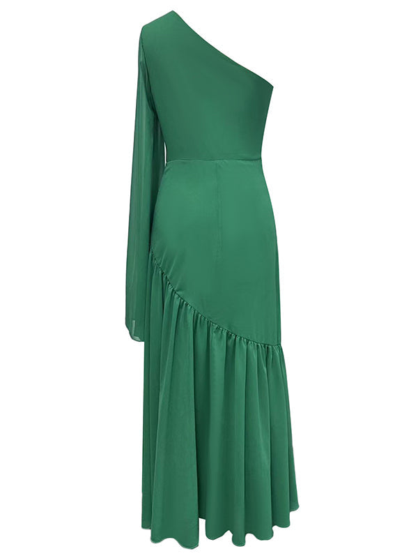 Pleated Solid Color Zipper Long Sleeves Loose One-Shoulder Maxi Dresses