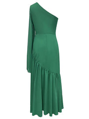 Pleated Solid Color Zipper Long Sleeves Loose One-Shoulder Maxi Dresses