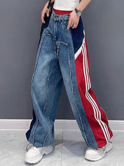 Contrast Color Drawstring Elasticity Fringed Split-Joint Loose Wide Leg Jean Pants Bottoms