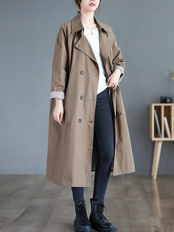 Buttoned Pockets Long Sleeves Loose Notched Collar Trench Coats