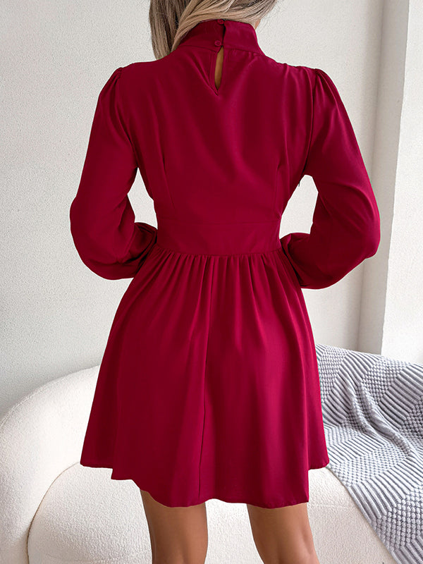 Hollow Solid Color Zipper A-Line Elasticated Waist Half Turtleneck Mini Dresses