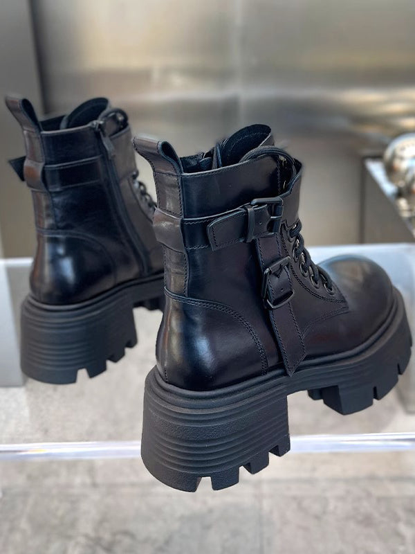 Buckle Lace-Up Round-Toe Solid Color Split-Joint Dr. Martens Boots Boots