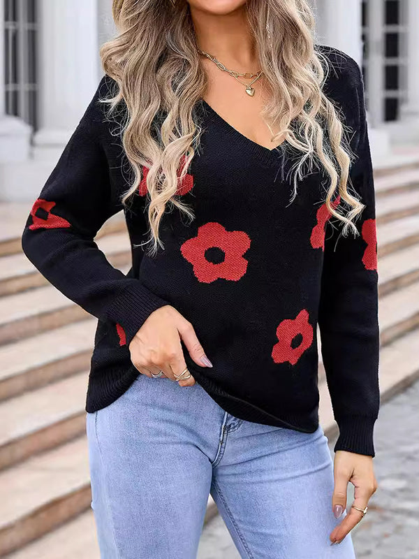 Knitted Flower Split-Joint Long Sleeves Loose V-Neck Sweater Tops Pullovers