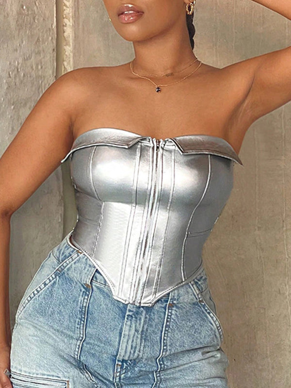 Solid Color Split-Joint Zipper Skinny Sleeveless Tube Vest Top