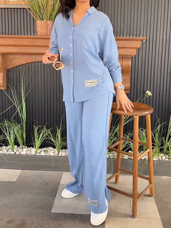 Solid Color Long Sleeves Buttoned Lapel Shirts Top + High Waisted Split-Side Pants Bottom Two Pieces Set