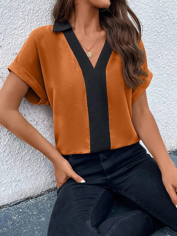 Contrast Color Loose Short Sleeves V-neck T-Shirts Tops