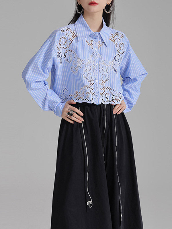 Buttoned Hollow Solid Color Long Sleeves Loose Lapel Blouses&Shirts Tops