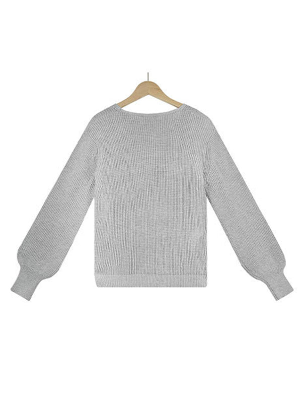 Casual Long Sleeves Solid Color V-Neck Sweater Tops