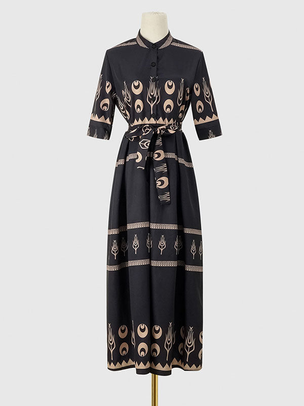 Buttoned Tied Waist A-Line Half Sleeves Lapel Midi Dresses