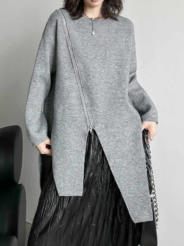 Asymmetric Solid Color Zipper High-low Long Sleeves Round-neck Sweater Tops Pullovers