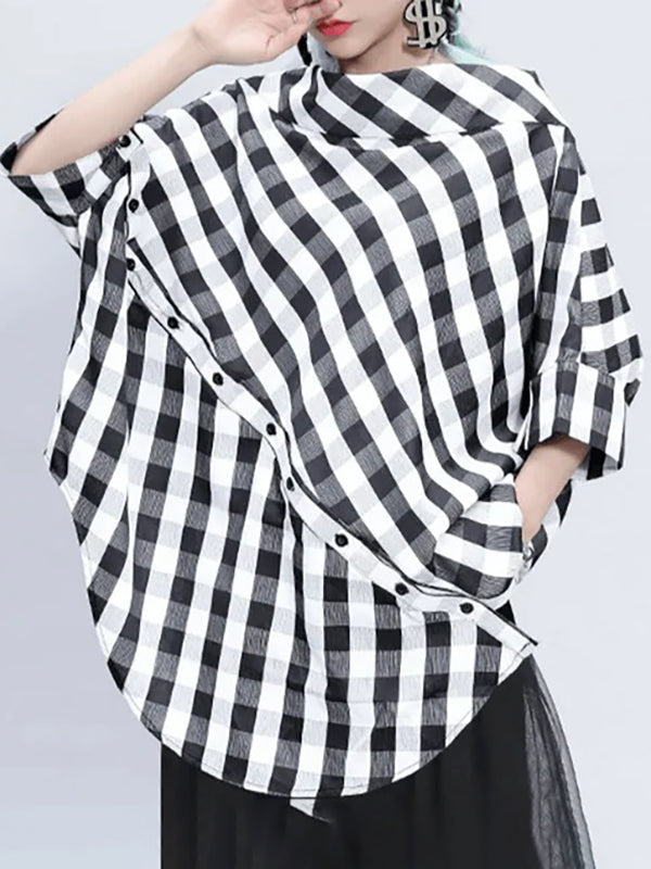 Asymmetric Buttoned Plaid Half Sleeves Loose One-Shoulder Blouses&Shirts Tops