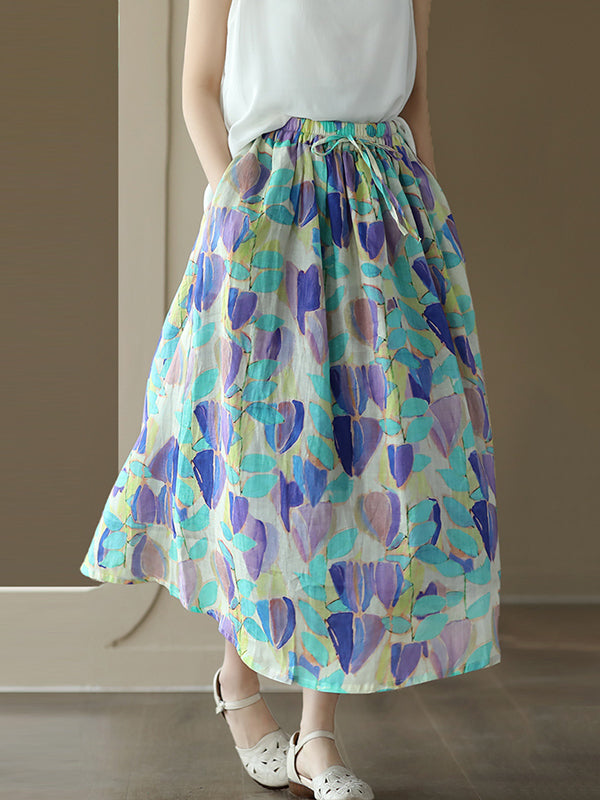 Drawstring Elasticity Floral Printed Loose Skirts